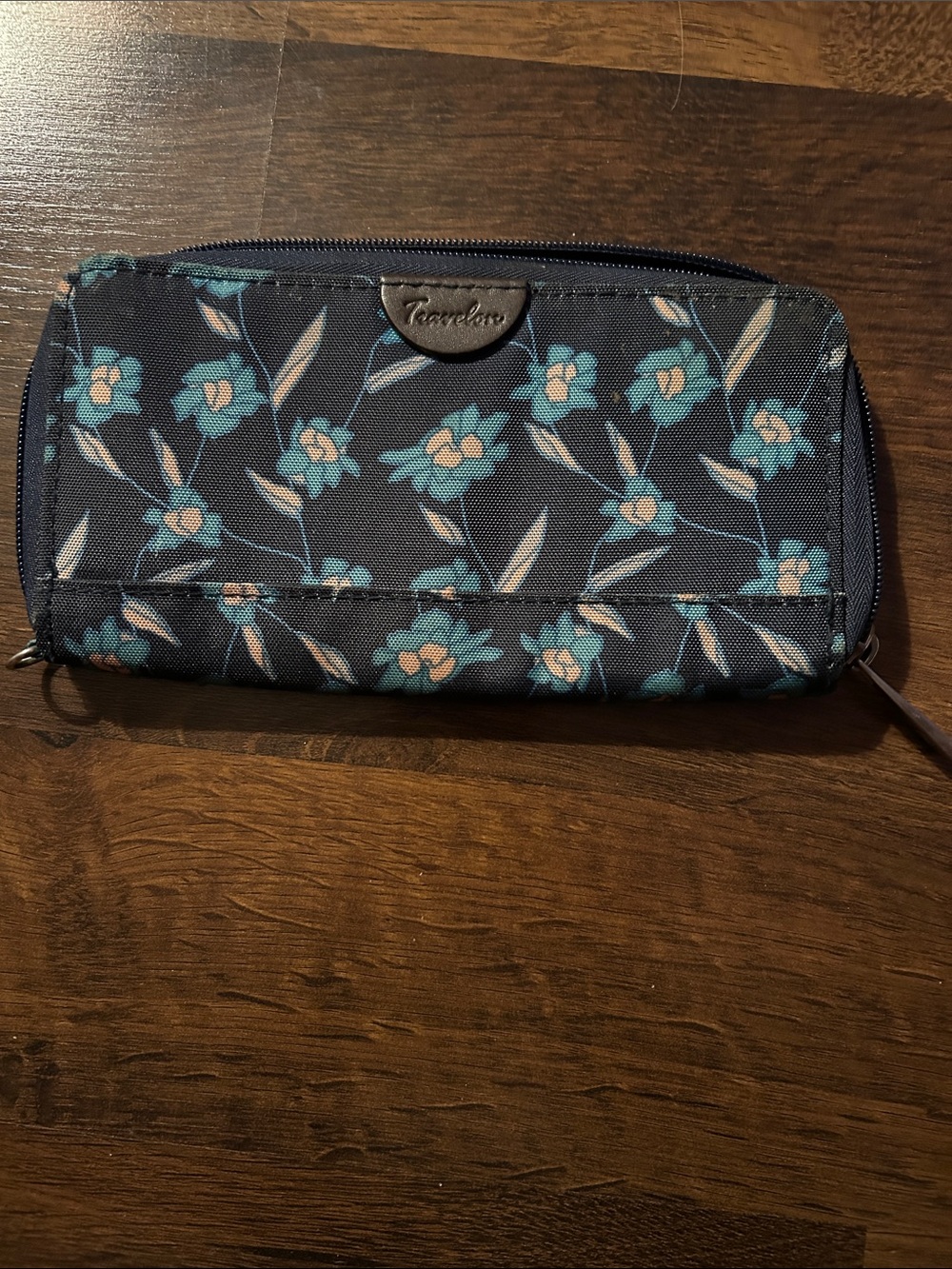 Travelon Navy Floral Zip-Around Wallet with Teal Flowers